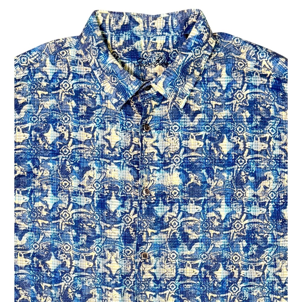 Tasso Elba Men XXL Blue Geometric Print Textured Cotton Short Sleeve Button Down